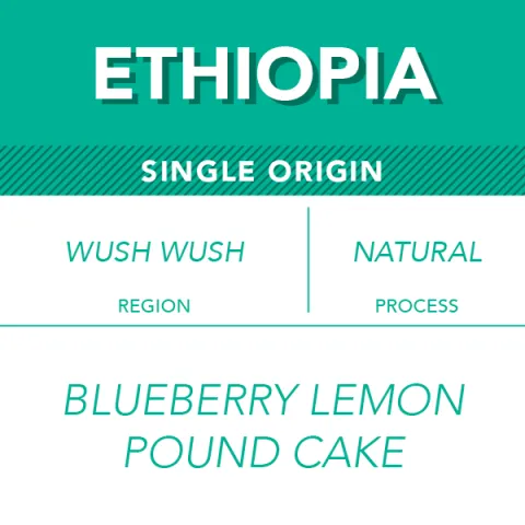 Ethiopia coffee label - Wush Wush region, natural process, blueberry lemon pound cake tasting notes